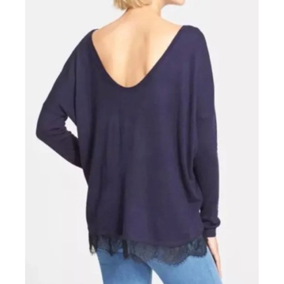 Joie Yael Womens Blue Lace Hem Sweater Cashmere Relaxed Scoop Back size Small - Picture 2 of 15
